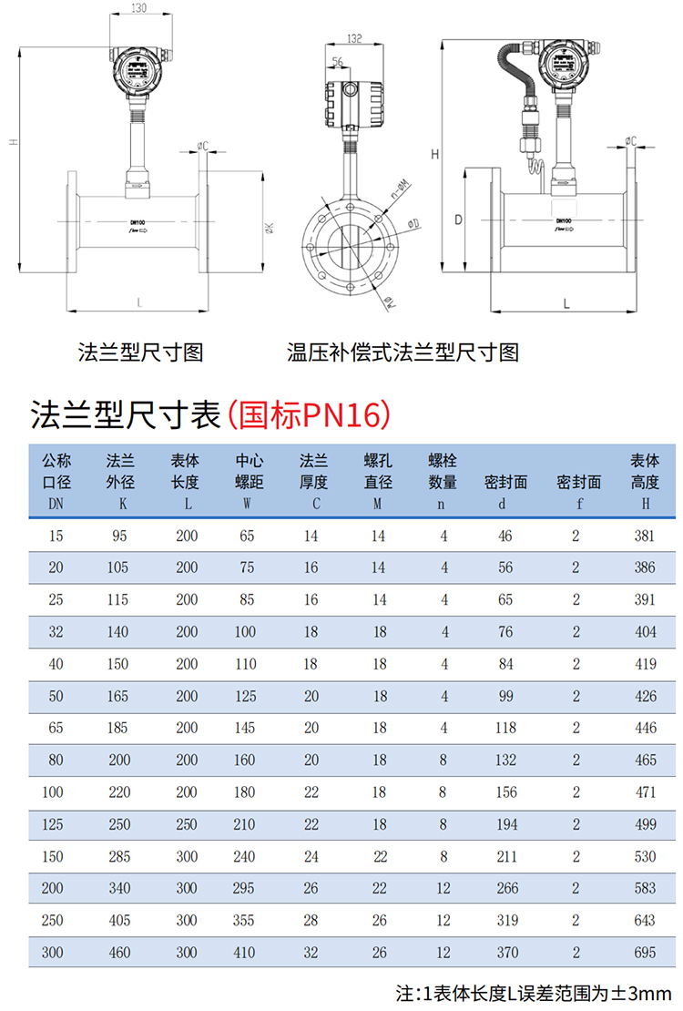 氣體渦街流量計法蘭式尺寸圖